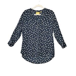 Anthropologie Maeve Women's Polka Dot Navy White Front Button Long Sleeve Top M